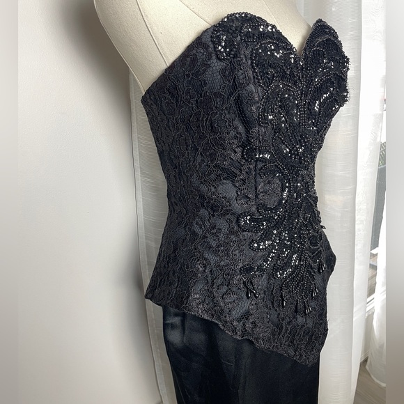 VTG 80s Karen Okada Beaded Embellished Mini Black Dress Sweetheart Strapless - Picture 5 of 11
